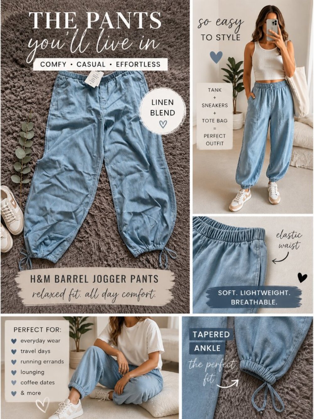 H&M Linen Blend Jogger Pants Womens M Elastic Waist Barrel Casual Blue